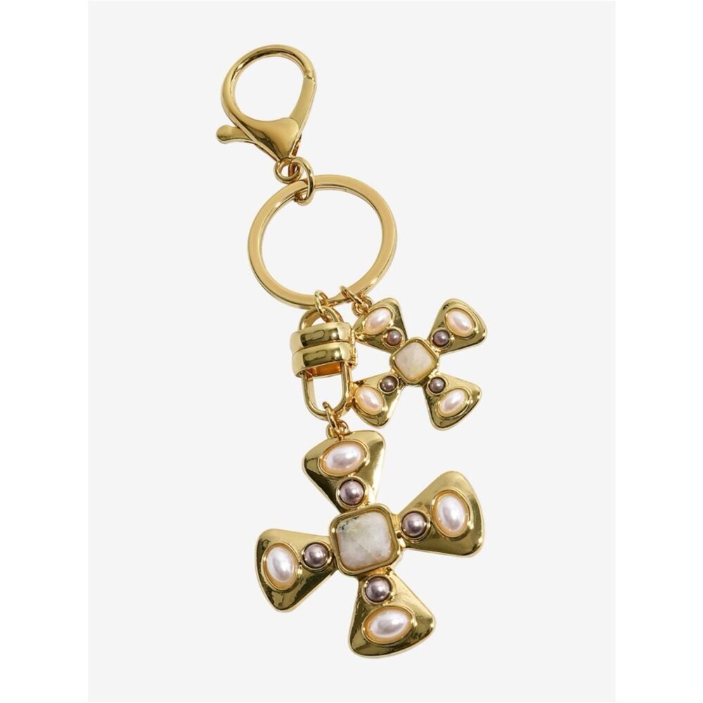 New Emberly Gold Tone Simulated Pearl Brown Bead Cross Bag Charm